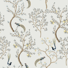 Vintage garden tree, bird  floral seamless pattern grey background. Exotic chinoiserie wallpaper.