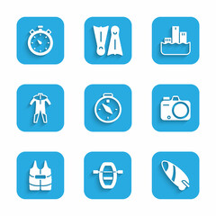 Set Compass, Boat with oars, Surfboard, Photo camera, Life jacket, Wetsuit for scuba diving, Winner podium and Stopwatch icon. Vector