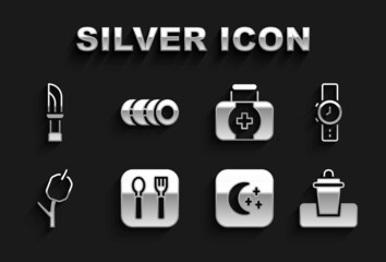 Set Fork and spoon, Wrist watch, Trash can, Moon stars, Marshmallow stick, First aid kit, Knife and Blanket roll icon. Vector