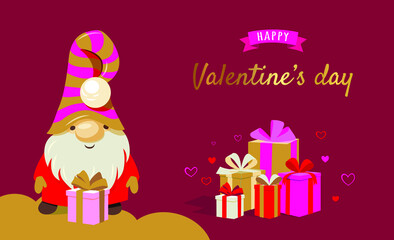 Cute gnome with gift boxes. Valentine's day design. Holiday banner, web poster, flyer, stylish brochure, greeting card, cover. Romantic background