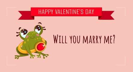 A cute frog is holding a wedding ring. Romantic hand drawn illustration. Gold ring with a red stone. Signature - Will you marry me? Valentine's Day card.