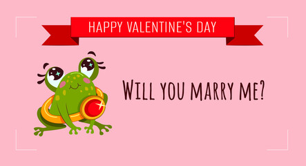 A cute frog is holding a wedding ring. Romantic hand drawn vector illustration. Gold ring with a red stone. Signature - Will you marry me? Valentine's Day card.