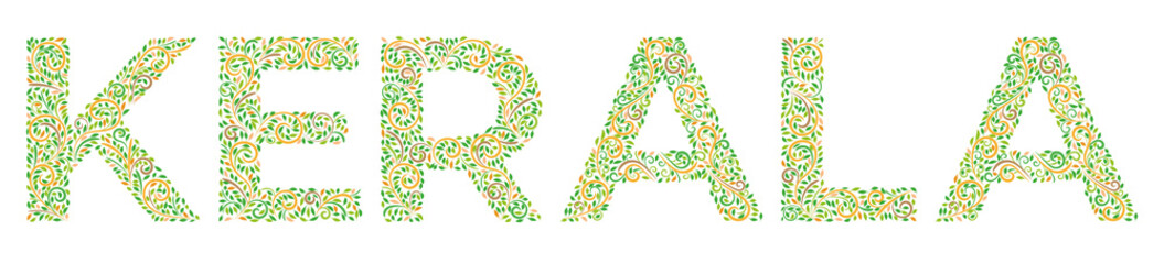 Word Kerala state of India ornamented in oriental style on a white background. Lettering with Indian ornament