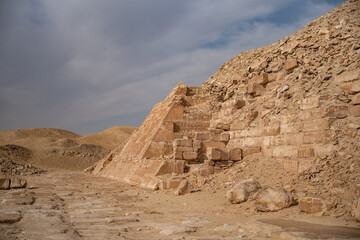 View to pyramid of Unas from archeological remain in the Saqqara necropolis, Egypt