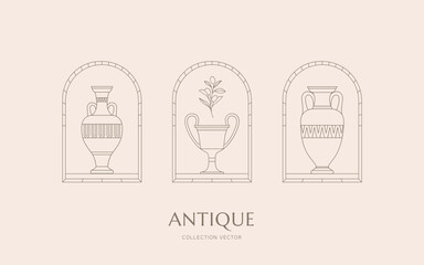Collection of vector logos with Greek vases, modern logotypes, symbols. Hand drawn vector illustration, line drawing