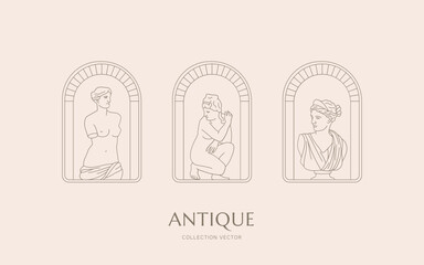 Vector illustration of antique things and statues one line. Greece symbolism. Roman style elements. Vintage style