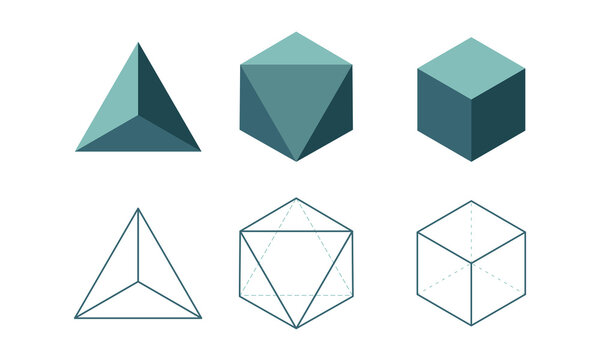 Platonic solid Education icon set. Geometric 3D and line figures. Basic shapes Tetrahedron Cube Octahedron. Vector illustration