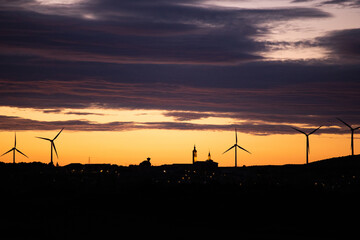 Wind turbines for electric power production, Zaragoza Province, Aragon in Spain.