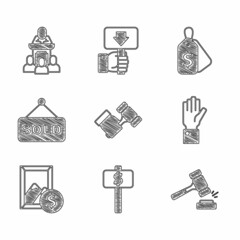 Set Auction hammer, Hand holding auction paddle, painting, sold, Price tag with Sale and auctioneer sells icon. Vector