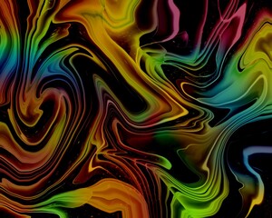 Fototapeta premium modern alcohol ink art, drawn with green and orange colors on a black background, art ink texture