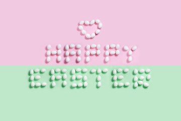 Happy Easter postcard/sign made from white eggs on various backgrounds, ideal for designing cool greeting card 