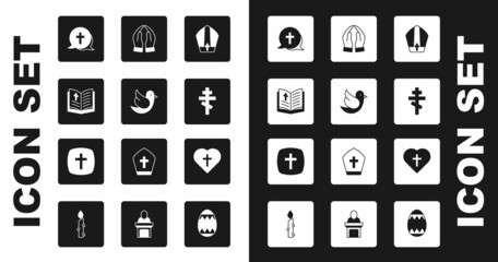 Set Pope hat, Dove, Holy bible book, Christian cross, Hands in praying position, heart and icon. Vector