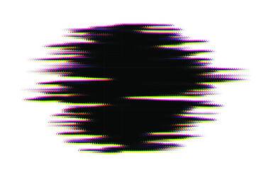 Vector cmyk color mode dotted half tone round shape stain black blot made of round particles in the style of abstract generative design.