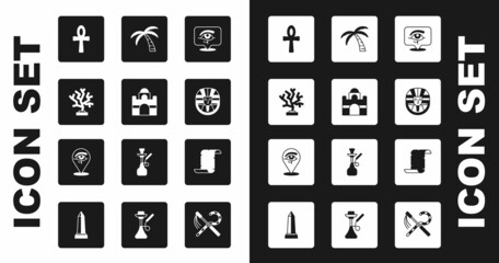 Set Eye of Horus, Egyptian house, Coral, Cross ankh, pharaoh, Tropical palm tree, Papyrus scroll and icon. Vector