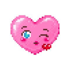 Pixel art wink and kiss heart emoji. Vintage 8 bit pixel pink emoticon of winking heart kiss goodbye face smile. Cute anime kawaii vector icon. Valentine Day romantic heart-shaped design.
