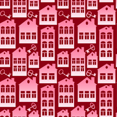 Seamless pattern on a square background on the theme of real estate (rent or sale) - houses and keys. Design element of books, notebooks, postcards, interior items. Wallpapers, textiles, packaging