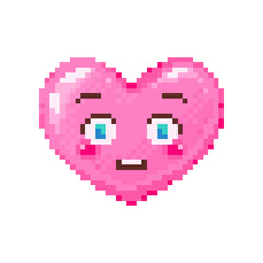 Pixel art flushed heart emoji. Vintage 8 bit pixel pink emoticon of raised eyebrows surprise face smile. Cute anime kawaii vector icon. Valentine Day romantic heart-shaped design.
