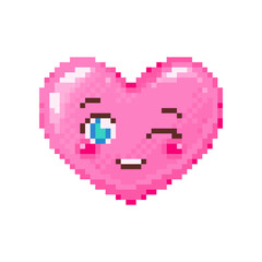 Pixel art winking heart emoji. Vintage 8 bit pixel pink wink emoticon of positive flirt face smile. Cute anime kawaii vector icon. Valentine Day romantic heart-shaped design.
