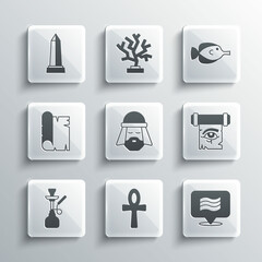 Set Cross ankh, Flag Of Egypt, Eye of Horus on papyrus scroll, Egyptian man, Hookah, Papyrus, Obelisk Alexandria and Butterfly fish icon. Vector