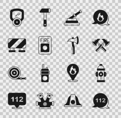 Fototapeta premium Set Emergency call, Fire hydrant, Firefighter axe, hose reel, alarm system, Road barrier, Gas mask and icon. Vector
