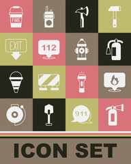 Set Fire extinguisher, Location with fire flame, Firefighter axe, Emergency call, exit, bucket and hydrant icon. Vector