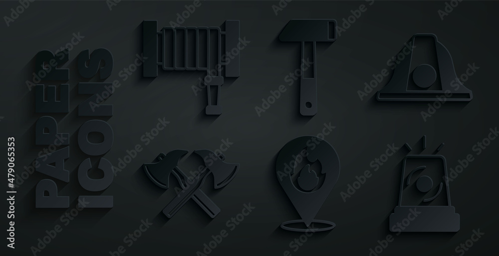 Poster Set Location with fire flame, Firefighter helmet, axe, Flasher siren, Hammer and hose reel icon. Vector