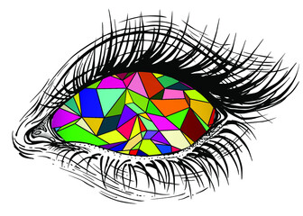 Isolated vector illustration of realistic human eye of a girl with psychedelic colorful polygonal iris.