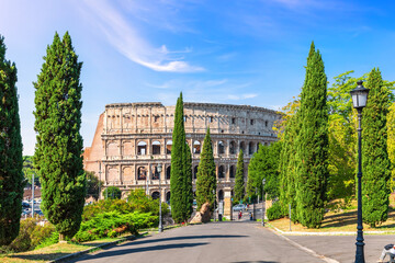 The Colloseum in Rome, view from the Oppian Hill park, Italy
