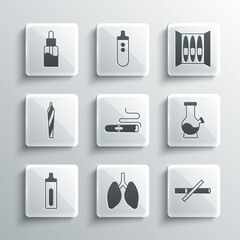 Set Lungs, No smoking, Bong, Cigar, Electronic cigarette, Marijuana joint, spliff, Vape liquid bottle and icon. Vector