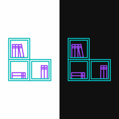 Line Shelf with books icon isolated on white and black background. Shelves sign. Colorful outline concept. Vector