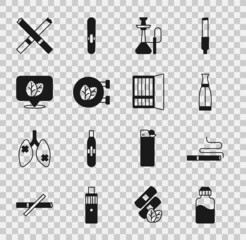 Set Vape liquid bottle, Cigarette, Hookah, Tobacco leaf shop, and case icon. Vector