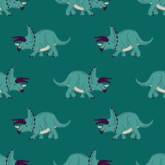 Graphic cartoon dinosaurs seamless pattern. Hand-drawn dinosaurus isolated on dark background