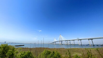 Arthur ravenel jr. bridge over water Cooper River in South Carolina, US, connecting downtown Charleston to Mount Pleasant.