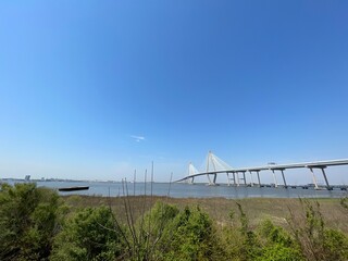 Arthur ravenel jr. bridge over water Cooper River in South Carolina, US, connecting downtown Charleston to Mount Pleasant.