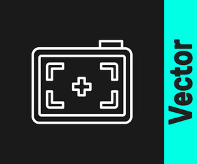 Obraz premium White line Photo camera icon isolated on black background. Foto camera. Digital photography. Vector
