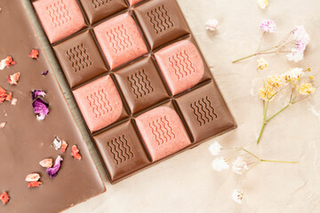 Brown and pink fruit chocolate bars on black background. Handmade chocolate with mango, orange flavor. Healthy food concept, delicious chocolate sweets for kids, diet, sugar