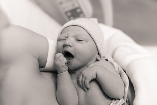 Portrait of newborn baby girl right after dilivery resting in mothers arms in hospital 