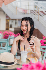 summer, milk coctail, happy, woman in hat, yellow dress