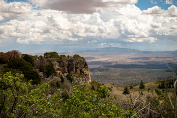 mountaintop view of oak trees, cliff, desert, and faraway mountain range