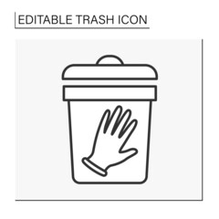  Utilization line icon. Sorting. Infection bag. Put medical gloves into the bin. Ecology.Trash concept. Isolated vector illustration. Editable stroke