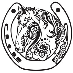 Horse Head Inside A Horseshoe. Floral style decor, emblem, a symbol of luck and fortune. Black and white vector illustration