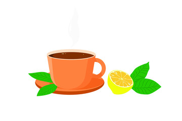 Cup of black tea, leaves and lemon isolated on white.