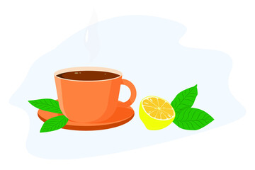 Cup of black tea, leaves and lemon 