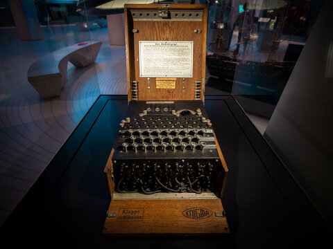 London, England, September 21, 2018. The enigma cryptographic machine at the science museum london. The fate of the Second World War revolved around the solution of its message encryption code.