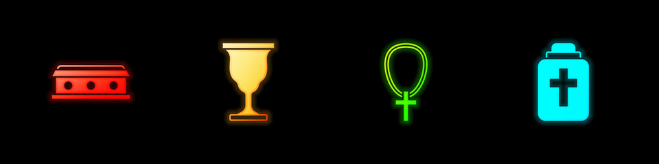 Set Coffin with cross, Christian chalice, on chain and Funeral urn icon. Vector