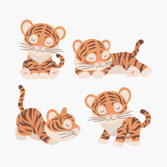 Scandinavian set of cute little tigers. Hand drawn vector elements for nursery decoration, baby shower, birthday party, poster, invitation, postcard, kids clothes, symbol 2022, chinese new year