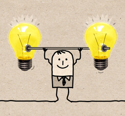 Strong and Sporty Cartoon Businessman with big Yellow light Bulbs