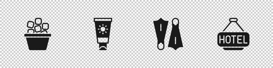 Set Ice bucket, Sunscreen cream in tube, Rubber flippers for swimming and Signboard with text Hotel icon. Vector © Kostiantyn