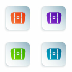 Color Antique treasure chest icon isolated on white background. Vintage wooden chest with golden coin. Set colorful icons in square buttons. Vector