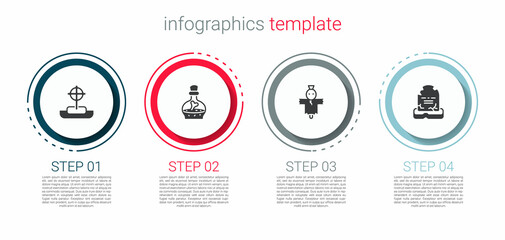 Set Tombstone with cross, Bottle potion, Scarecrow and RIP written. Business infographic template. Vector